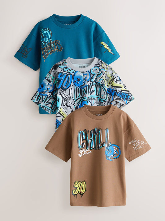 Dsiney Kidz - Blue/Grey/Tan Relaxed Fit Graphic Print Short Sleeve T-Shirts 3 Pack (3-16yrs) image 1