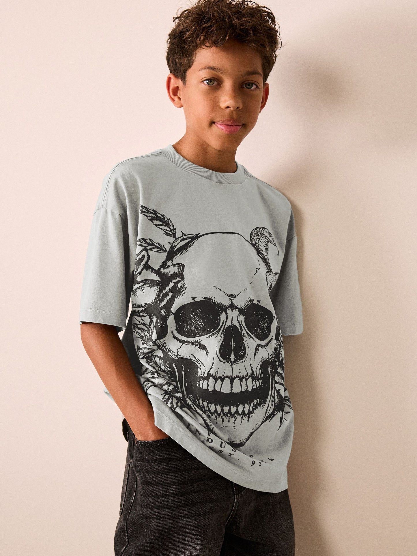 Dsiney Kidz - Grey Skull Short Sleeve Graphic T-Shirt (3-16yrs) image 2