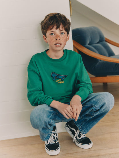Dsiney Kidz - Green Skate Embroidery Relaxed Fit Graphic Long Sleeve Cotton T-Shirt (3-16yrs) image 1