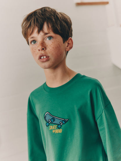 Dsiney Kidz - Green Skate Embroidery Relaxed Fit Graphic Long Sleeve Cotton T-Shirt (3-16yrs) image 3