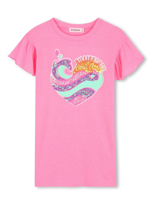 Billieblush Glitter Logo Pink T-Shirt Dress With Frill Sleeves image 1
