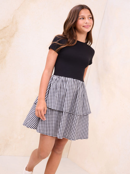 Lipsy Black 2-in-1 Gingham Tiered Dress (5-16yrs) image 1