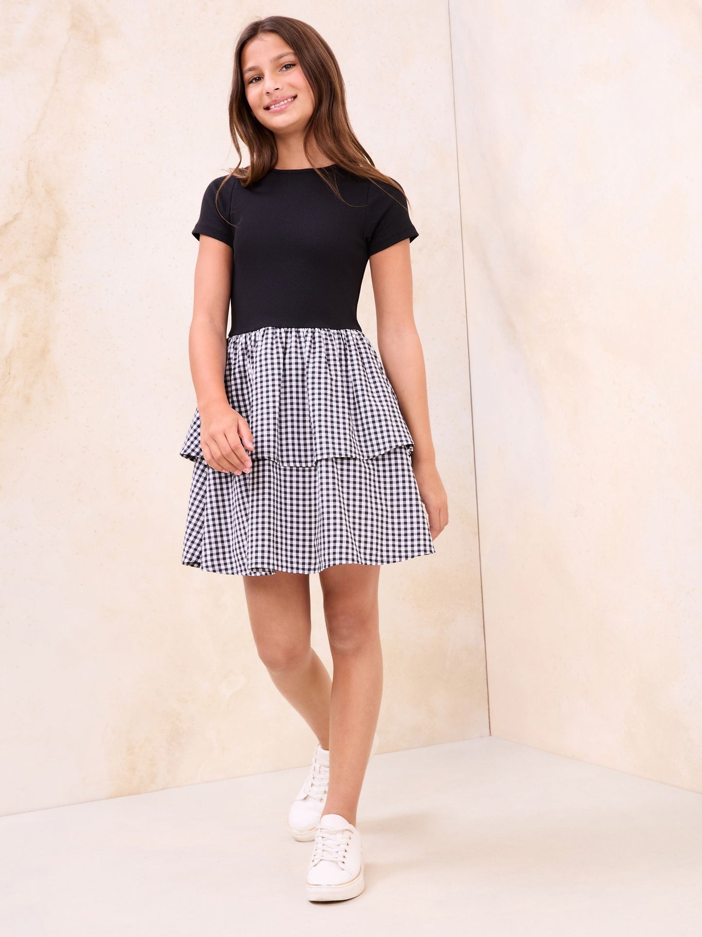 Lipsy Black 2-in-1 Gingham Tiered Dress (5-16yrs) image 4