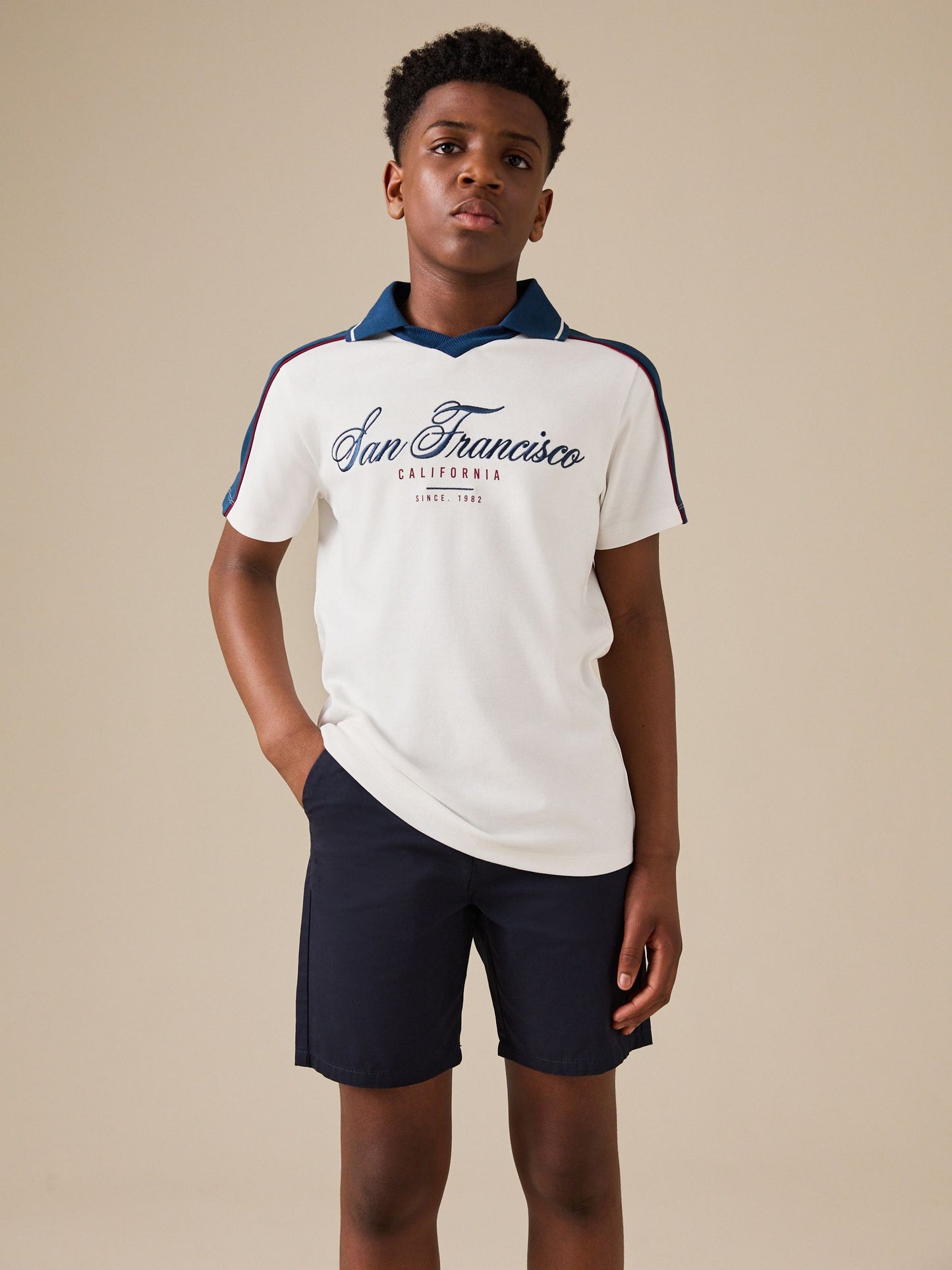 Dsiney Kidz - Cream/Blue Short Sleeve Varsity Polo Shirt (3-16yrs) image 1