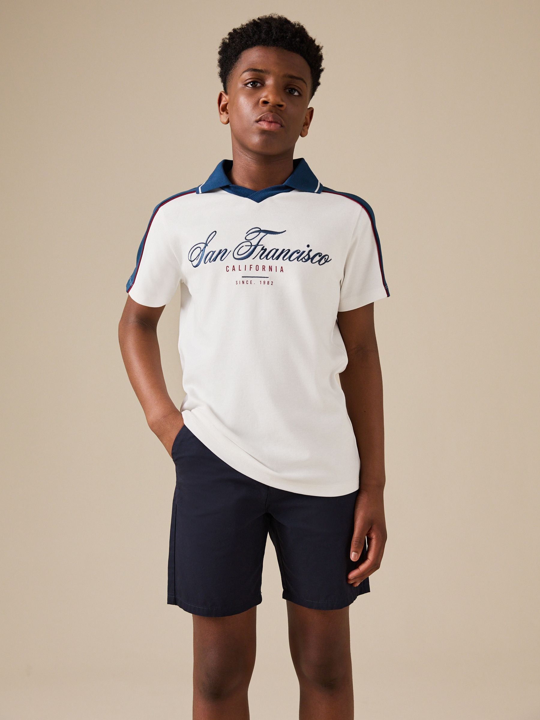Dsiney Kidz - Cream/Blue Short Sleeve Varsity Polo Shirt (3-16yrs) image 1