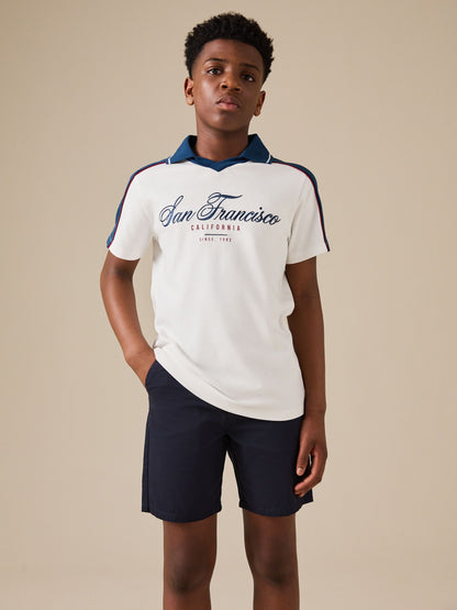 Dsiney Kidz - Cream/Blue Short Sleeve Varsity Polo Shirt (3-16yrs) image 1