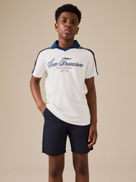 Disney Kidz - Cream/Blue Short Sleeve Varsity Polo Shirt (3-16yrs) image 1