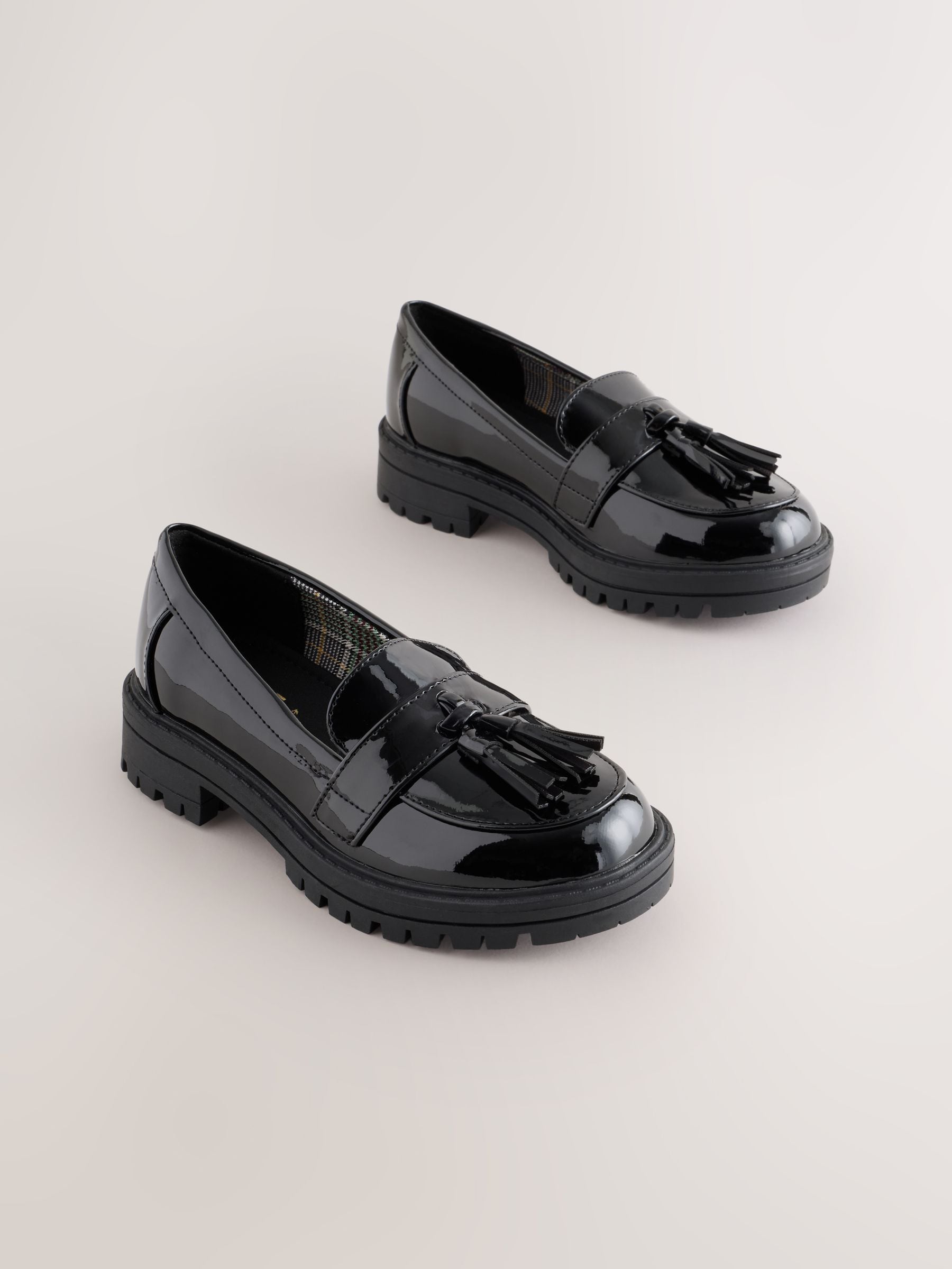 Black Patent Wide Fit (G) School Chunky Tassel Loafers image 1