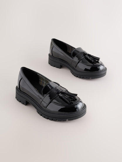 Black Patent Wide Fit (G) School Chunky Tassel Loafers image 1
