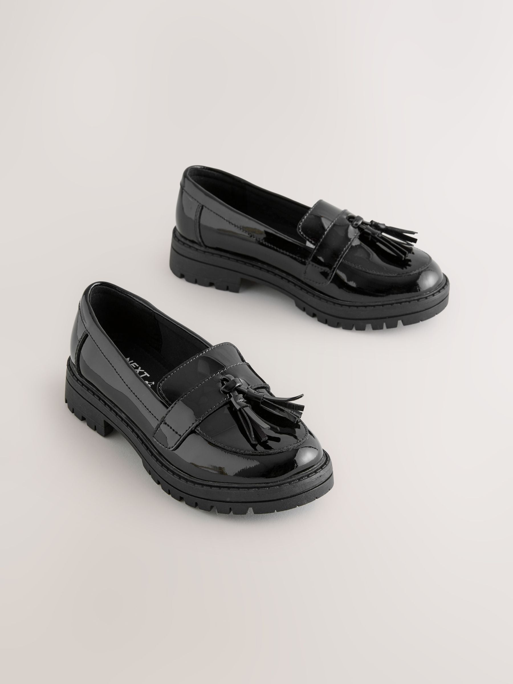 Black Leather Wide Fit (G) School Chunky Tassel Loafers image 1