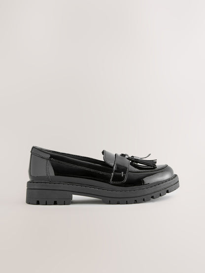 Black Leather Wide Fit (G) School Chunky Tassel Loafers image 2
