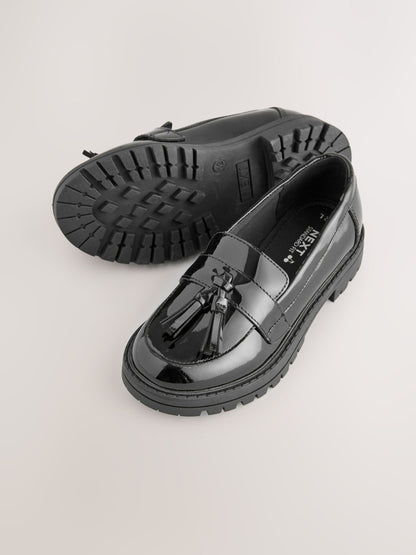 Black Leather Wide Fit (G) School Chunky Tassel Loafers image 4