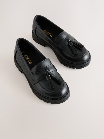 Black Matt Leather Wide Fit (G) School Chunky Tassel Loafers image 1