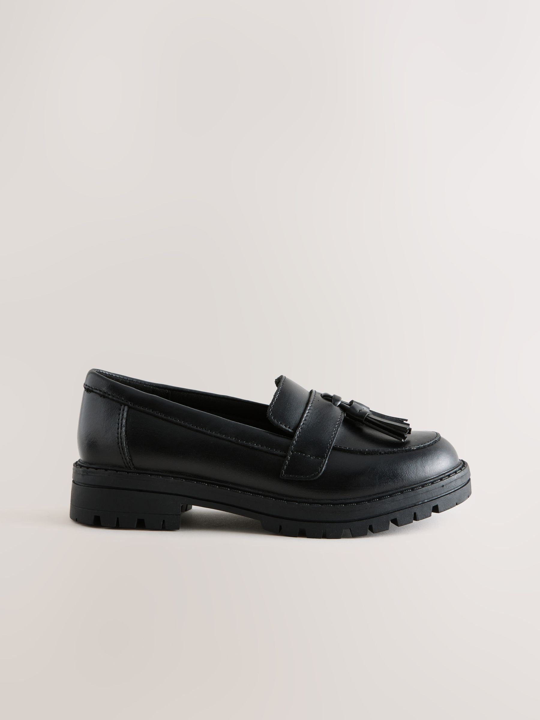 Black Matt Leather Wide Fit (G) School Chunky Tassel Loafers image 2