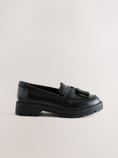 Black Matt Leather Wide Fit (G) School Chunky Tassel Loafers image 2