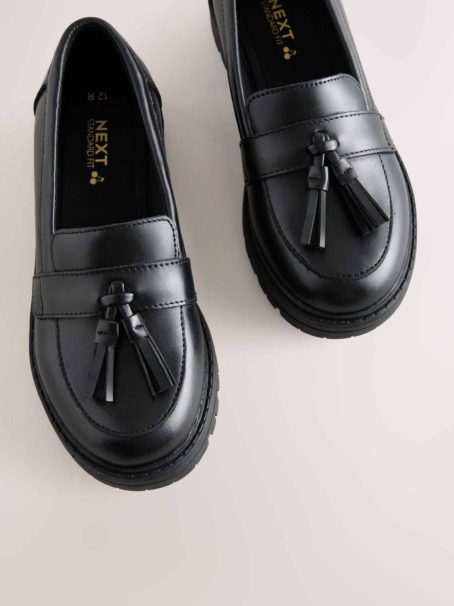 Black Matt Leather Wide Fit (G) School Chunky Tassel Loafers image 3