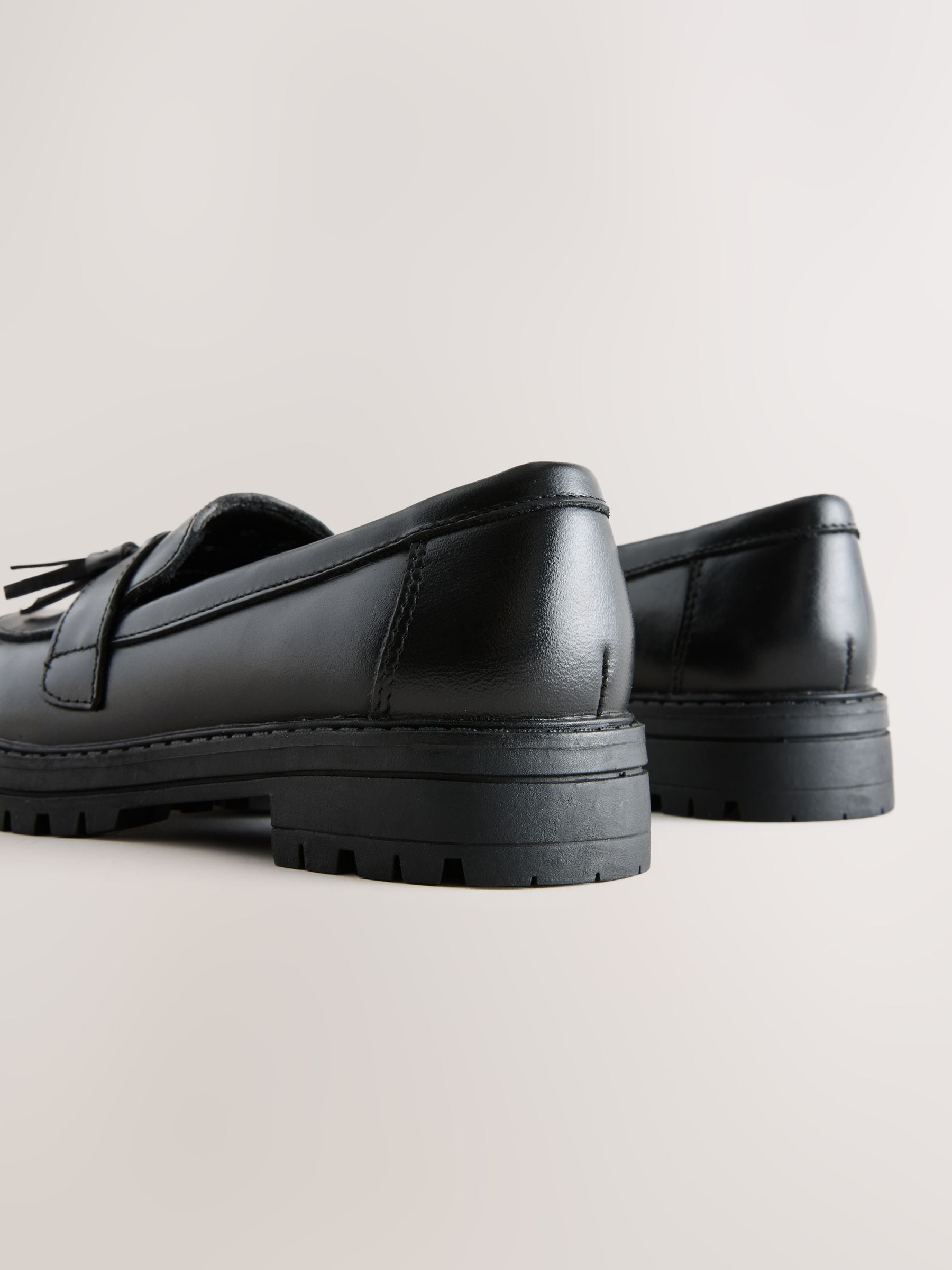 Black Matt Leather Wide Fit (G) School Chunky Tassel Loafers image 4
