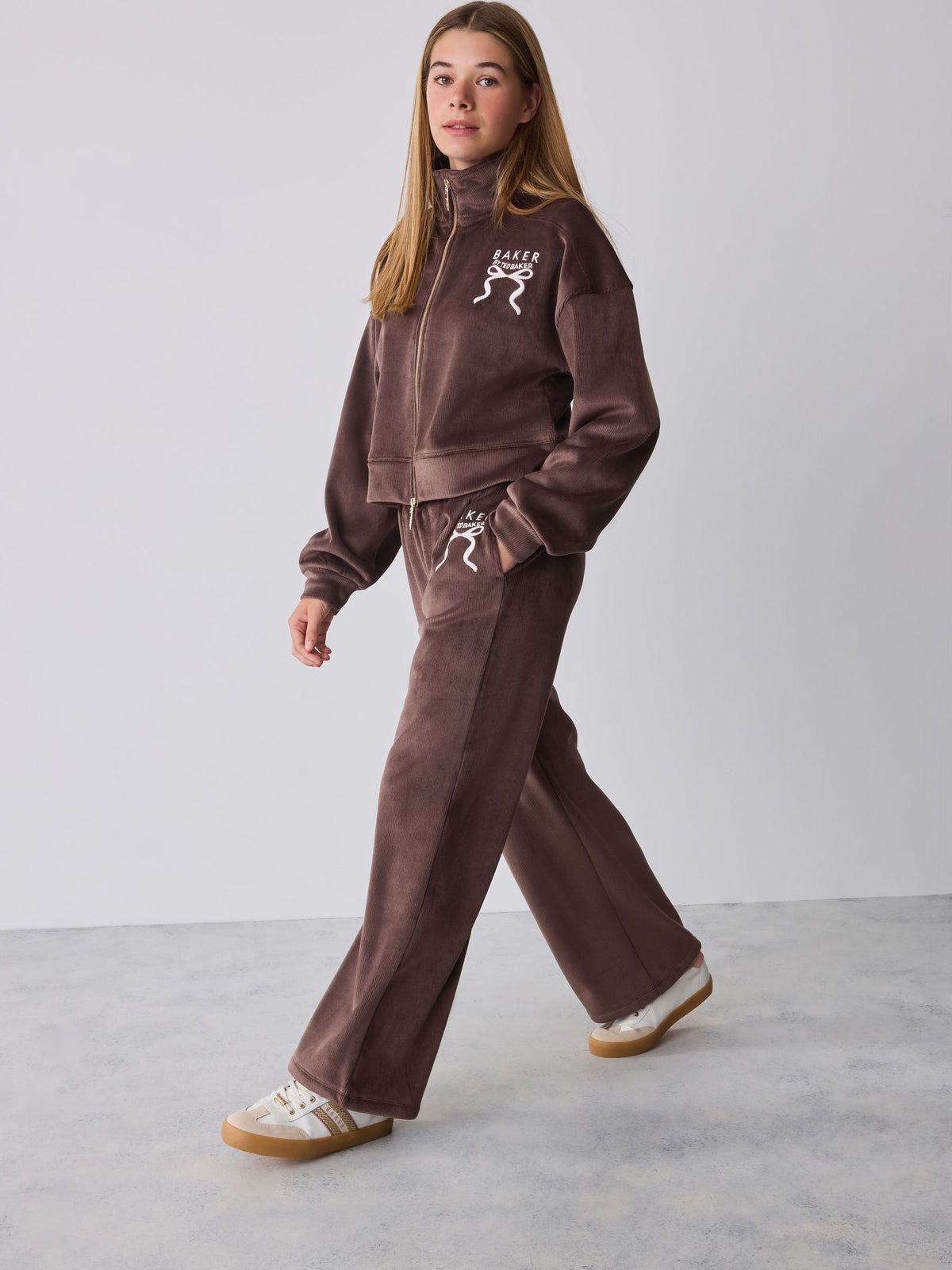 Baker by Ted Baker Chocolate Brown Velour Rib Funnel Zip Through & Joggers Set 2 Piece - image 1
