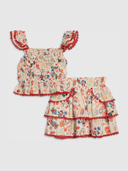 Dsiney Kidz - River Island Cream Shirred Mexicana Frill Top & Skirt Set image 1