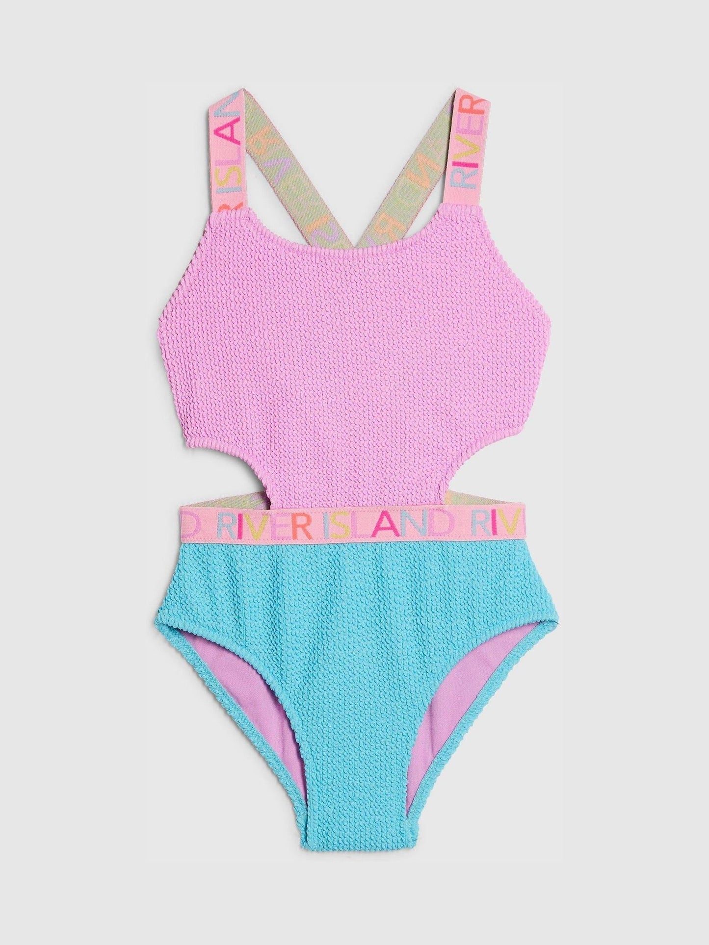 Dsiney Kidz - River Island Pink/Blue Colour Block Textured Logo Swimsuit image 1