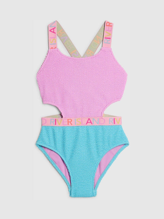Dsiney Kidz - River Island Pink/Blue Colour Block Textured Logo Swimsuit image 1