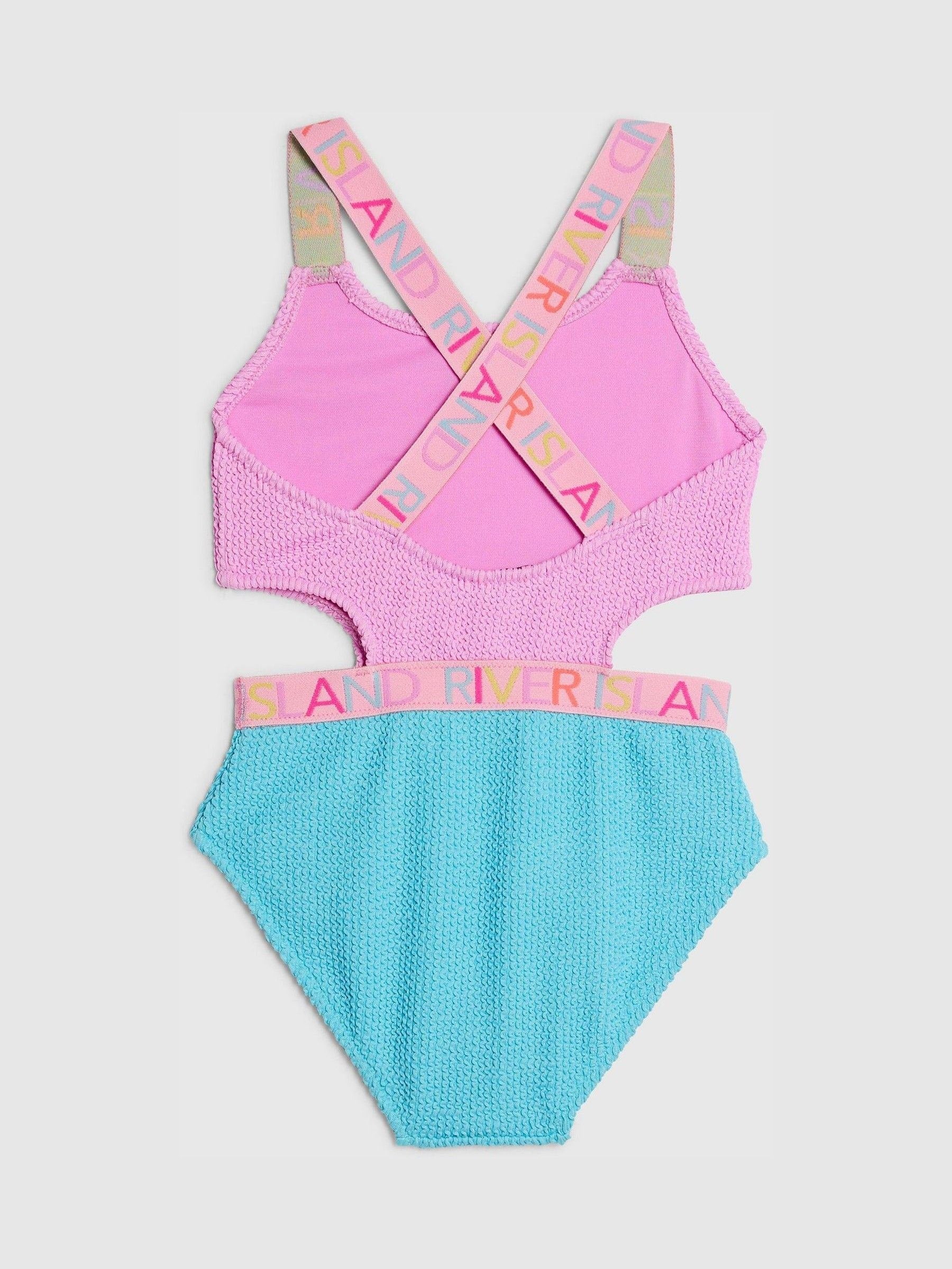 Dsiney Kidz - River Island Pink/Blue Colour Block Textured Logo Swimsuit image 2
