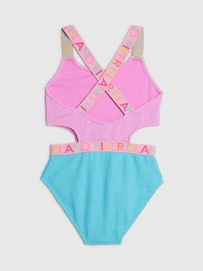 Dsiney Kidz - River Island Pink/Blue Colour Block Textured Logo Swimsuit image 2