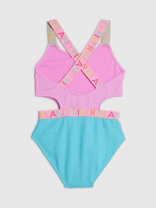 Dsiney Kidz - River Island Pink/Blue Colour Block Textured Logo Swimsuit image 2