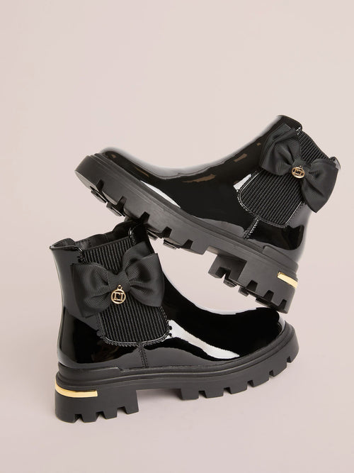 Dsiney Kidz - Lipsy Black Red Patent Faux Leather Bow Elasticated Heel Clip Ankle Chelsea Boots image 1
