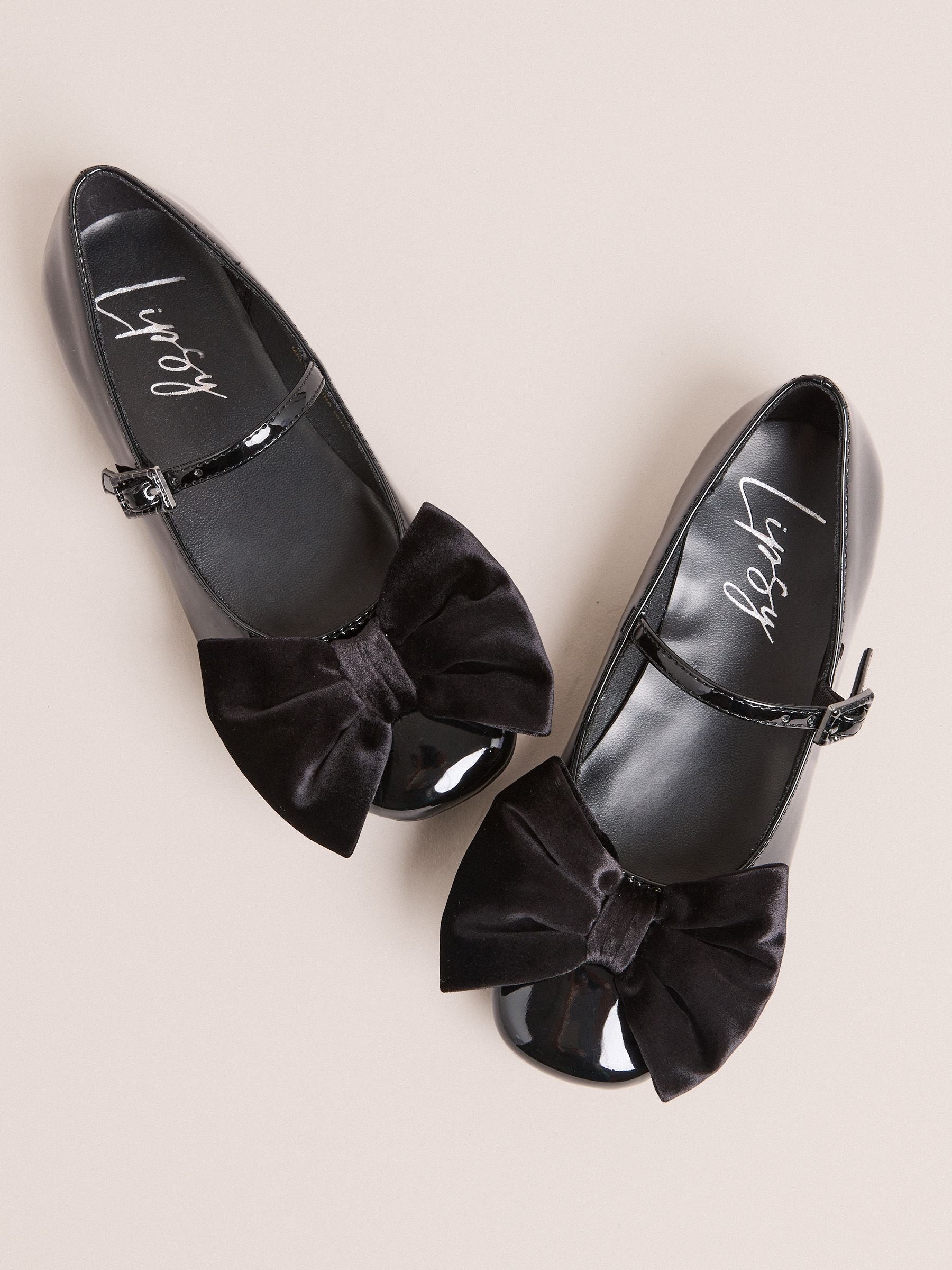 Lipsy Black Patent Faux Leather Velvet Bow Detail Ballerina image 1