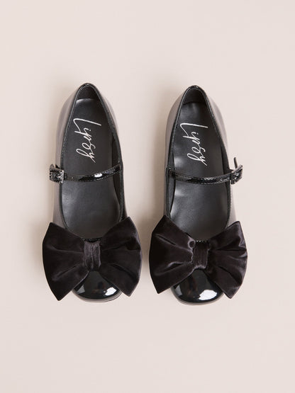 Lipsy Black Patent Faux Leather Velvet Bow Detail Ballerina image 2