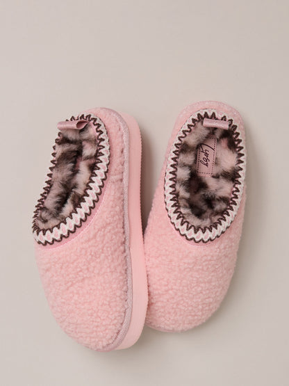 Lipsy Pink Embroidered Tape Faux Fur Lined Borg Platform Slipper Mules - image 1