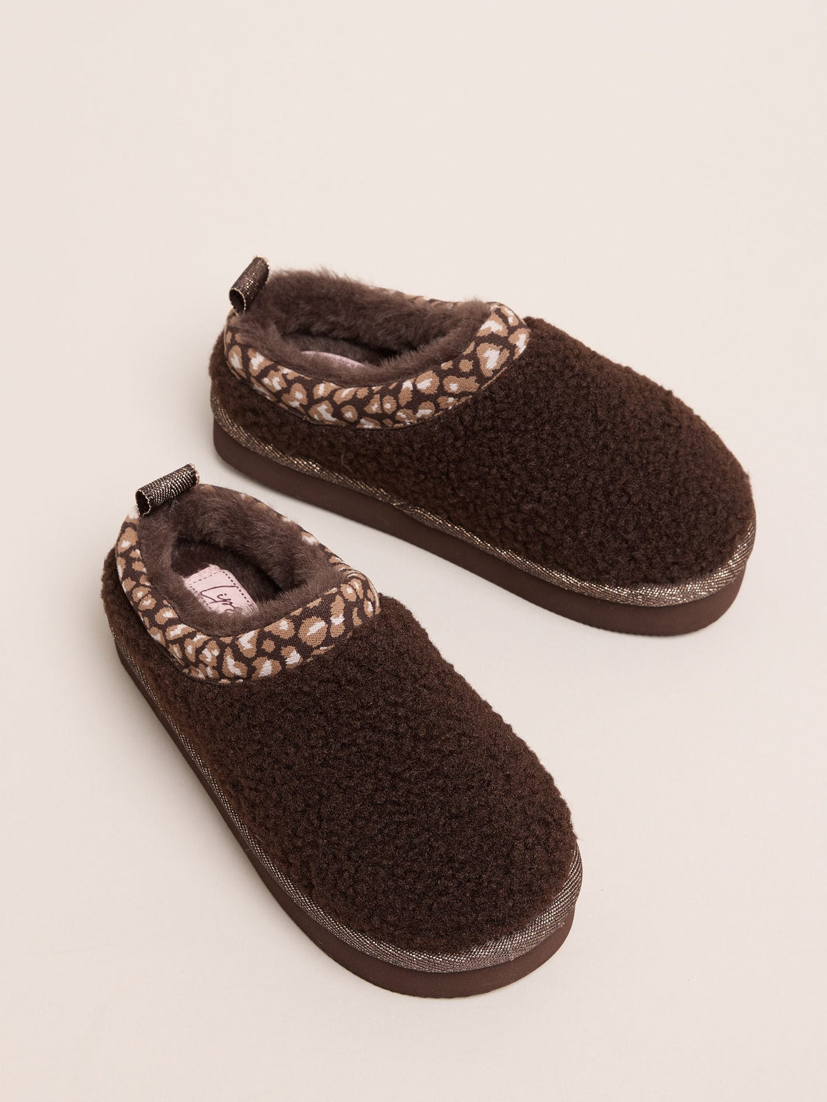 Lipsy Chocolate Brown Embroidered Tape Faux Fur Lined Borg Platform Slipper Mules - image 1