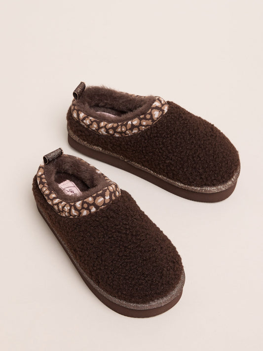 Lipsy Chocolate Brown Embroidered Tape Faux Fur Lined Borg Platform Slipper Mules - image 1