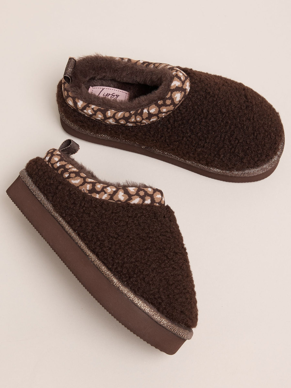 Lipsy Chocolate Brown Embroidered Tape Faux Fur Lined Borg Platform Slipper Mules - image 3