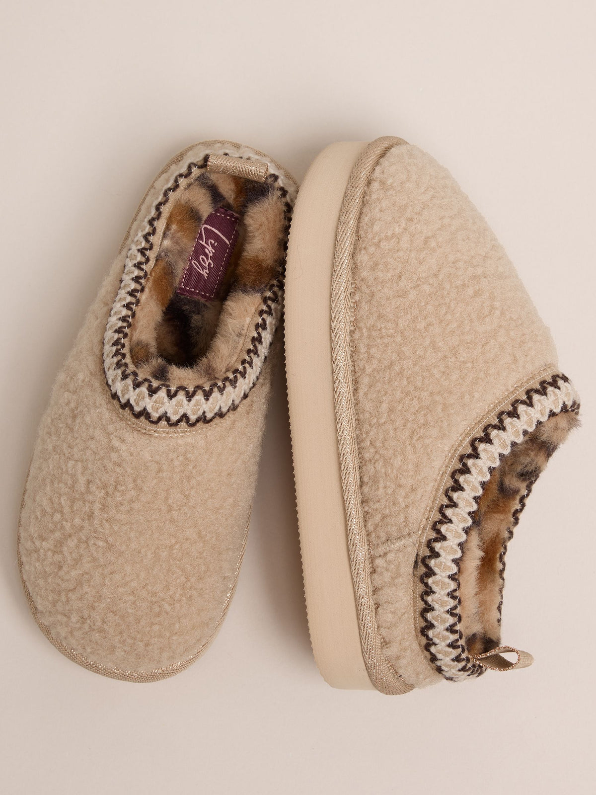 Lipsy Natural Embroidered Tape Faux Fur Lined Borg Platform Slipper Mules - image 1