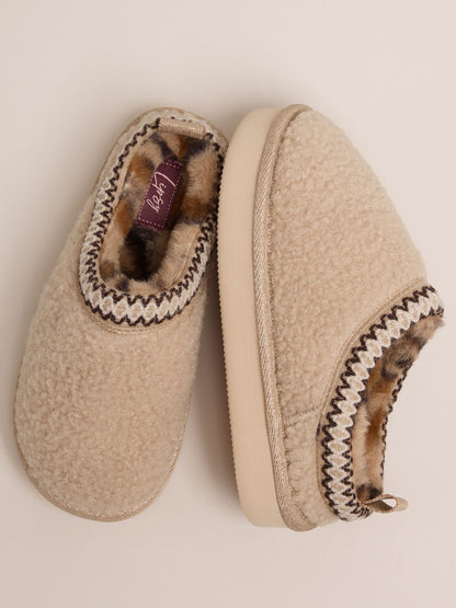 Lipsy Natural Embroidered Tape Faux Fur Lined Borg Platform Slipper Mules - image 1