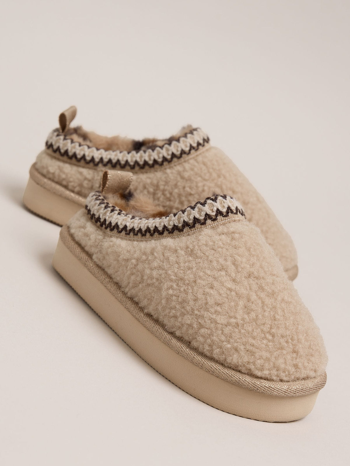 Lipsy Natural Embroidered Tape Faux Fur Lined Borg Platform Slipper Mules - image 2