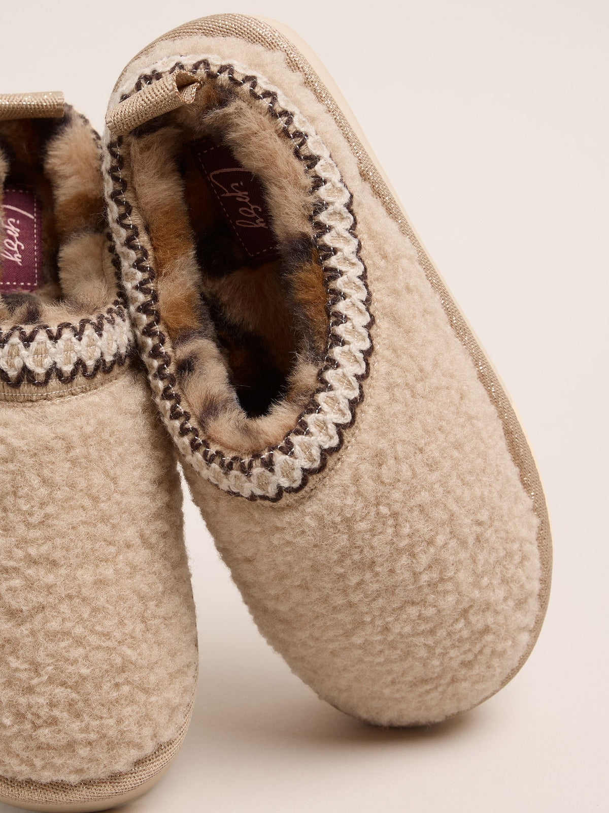 Lipsy Natural Embroidered Tape Faux Fur Lined Borg Platform Slipper Mules - image 3