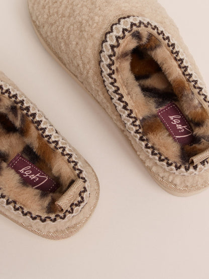 Lipsy Natural Embroidered Tape Faux Fur Lined Borg Platform Slipper Mules - image 4