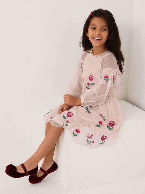 Monsoon Cream Floral Embroidered Scallop Tiered Dress image 1