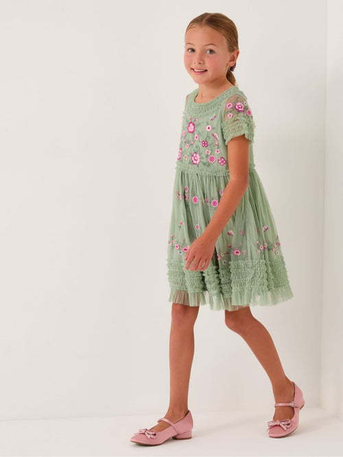 Monsoon Green Floral Embroidered Ruffle Tulle Dress image 1