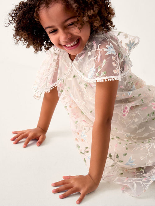 Monsoon Cream Embroidered Floral Cape Sleeve Dress image 1