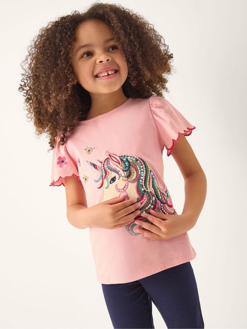 Monsoon Pink Embroidered Sequin Unicorn T-Shirt image 1