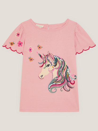 Monsoon Pink Embroidered Sequin Unicorn T-Shirt image 2