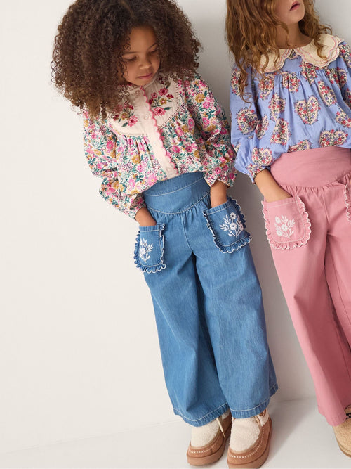 Monsoon Blue Embroidered Pocket Chambray Trousers image 1