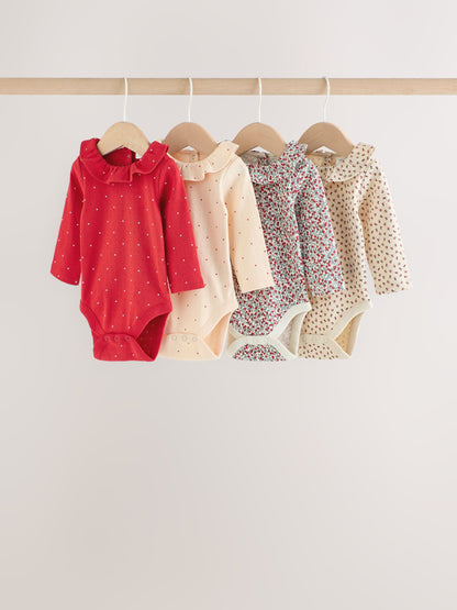 Red Ditsy Floral Baby Long Sleeve Frill Bodysuits 4 Pack (0mths-2yrs) - image 1
