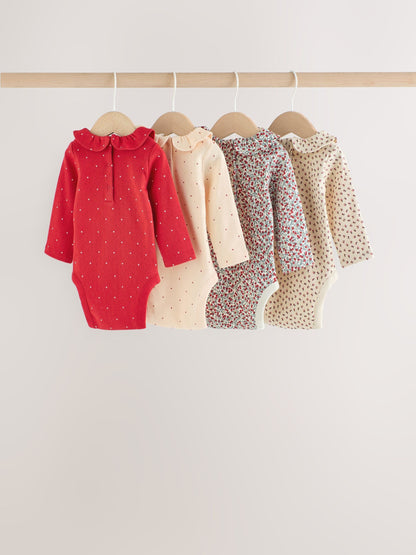 Red Ditsy Floral Baby Long Sleeve Frill Bodysuits 4 Pack (0mths-2yrs) - image 2