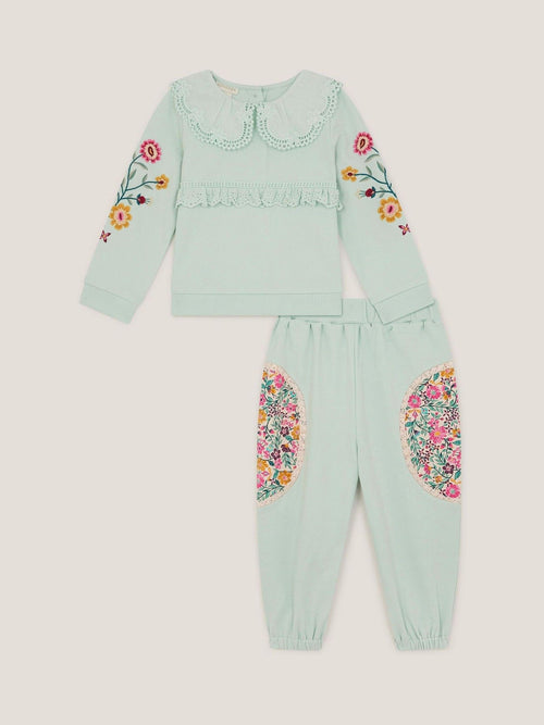 Monsoon Green Baby Embroidered Floral Top & Joggers Set image 1