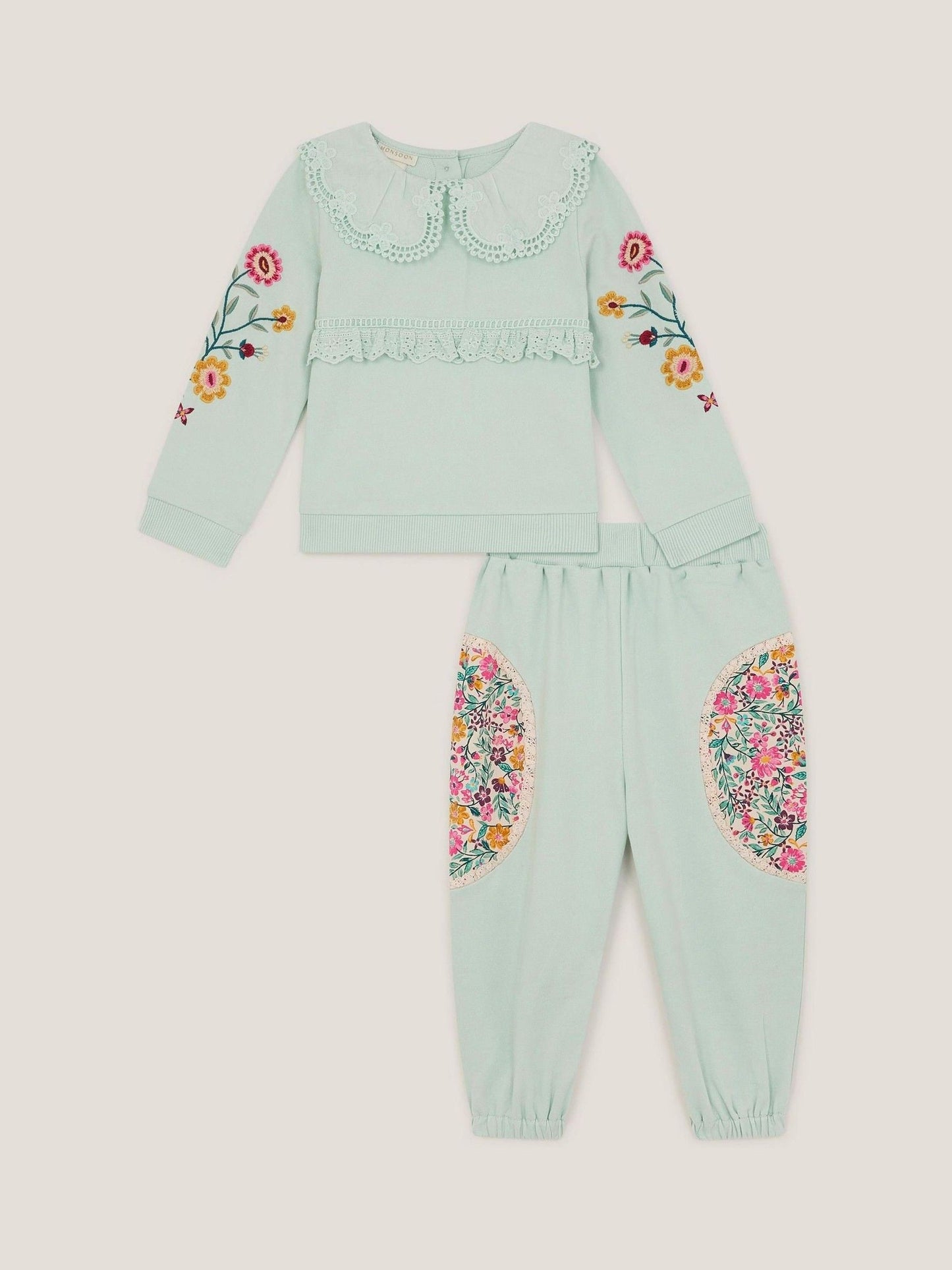Monsoon Green Baby Embroidered Floral Top & Joggers Set image 1